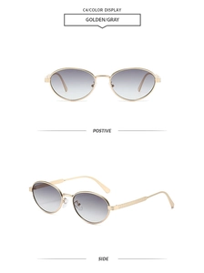 Detail view of oval gold metal frames with embossed patterns and gray gradient lenses