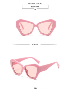 Vues de face et de côté des lunettes de soleil œil-de-chat géométriques roses à monture épaisse