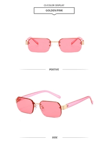 Vue détaillée de lunettes de soleil rectangulaires sans monture dorées et verres roses