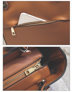 Detail of brown leather tote bag showing side zipper pocket with iPhone for size reference
