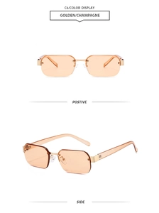 Détail de lunettes de soleil rectangulaires sans monture avec verres champagne et métal
