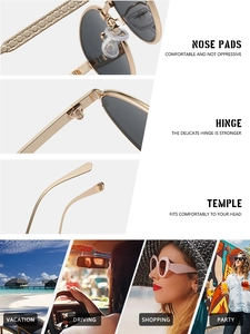 Macro detail of gold metal sunglasses with textured temples and daily life wear scenes