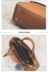 Detail show of tote bag interior with triple compartments and metal bottom studs
