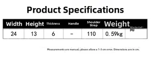 Size chart showing width 24cm, height 13cm, and thickness 6cm for this PU leather bag
