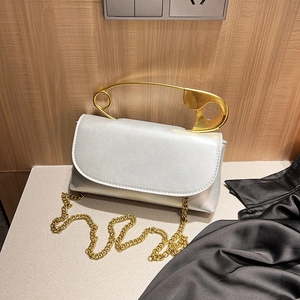 Shoulder Bag PU Leather Women Golden Safety Pin Handle Metal Chain Strap Fashion Crossbody Handbag Flap Closure