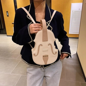 Creative violin shaped crossbody backpack in beige PU leather with brown accents