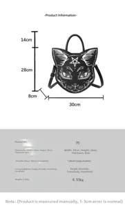 Detailed size specifications for the punk black cat PU leather handbag with star detail