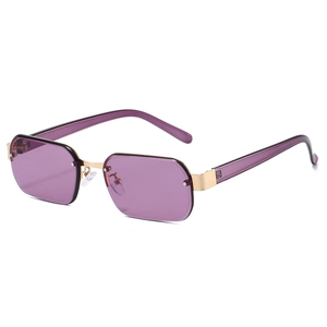 Lunettes de soleil carrées sans monture avec verres violets et monture en métal doré