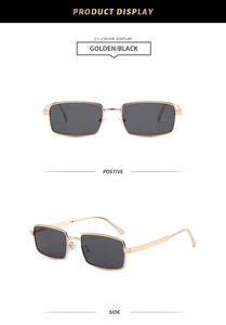 Detailed views of golden metal rectangular sunglasses with black lenses from front and side