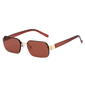 Lunettes de soleil carrées sans monture avec verres marrons et pont en métal doré rétro