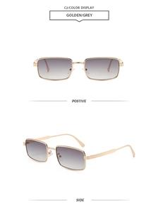 Front and side views of vintage rectangular sunglasses with gold metal frame and grey lenses