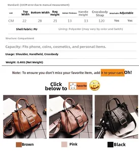 Detailed size chart for vintage matte leather handbag showing dimensions and multi-color options