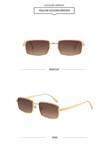 Detail view of vintage square metal sunglasses in gold with gradient brown lenses