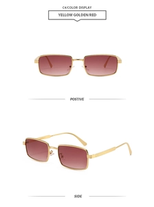 Detail of steampunk square metal sunglasses with red gradient lens and embossed temples