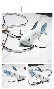 Detail showing white and light blue shark-shaped crossbody bag with zip closure and strap