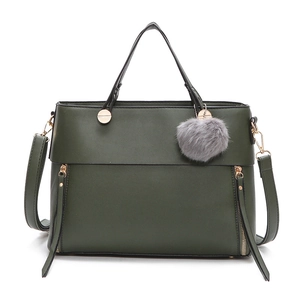 Dark green matte leather tote bag with golden hardware and grey fur ball charm pendant
