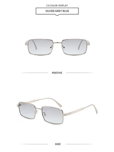 Detail view of silver square metal sunglasses with grey-blue gradient lenses and embossed arms