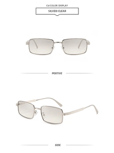 Detail view of silver vintage square metal sunglasses with gradient lenses and textured arms