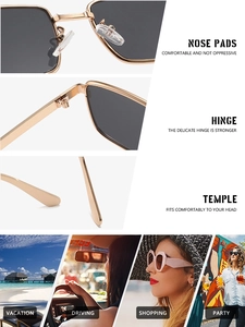 Detail view of square metal sunglasses with nose pads, sturdy hinges, and sleek temples
