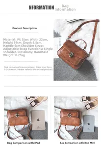 Detailed view of vintage PU leather satchel with dimensions 22x19x8.5cm and size comparison