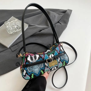 Women Snake Print Baguette Bag PU Leather Colorful Python Underarm Shoulder Bag With Gold Buckle Chic Streetwear