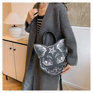 Gothic style black cat head handbag with white face print and pentagram detail