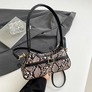 Brown snake print baguette bag with gold buckle and chain strap for women fashion