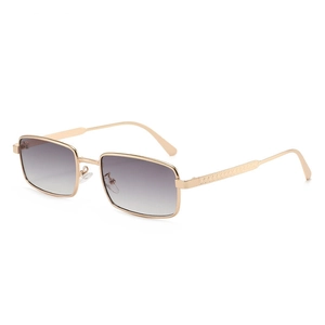 Retro rectangle sunglasses with gold metal frame and relief temple detail for men