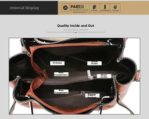 Interior view of vintage brown matte leather tote with organized compartments and fabric lining