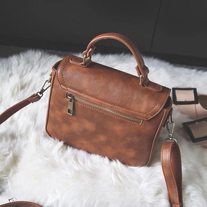 Vintage brown PU leather satchel bag with back zipper pocket and top handle