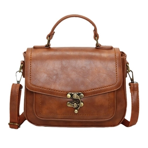 Retro brown PU leather handbag with vintage metal clasp and detachable shoulder strap