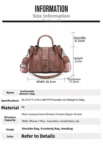 Detailed size chart and specifications for vintage faux leather shoulder bag for women