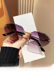 Close-up of rimless purple gradient lens with serrated edges and leopard head hardware