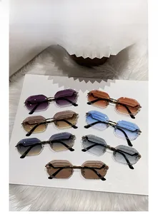 Detail of rimless sawtooth sunglasses in multiple colors with metal leopard head accents
