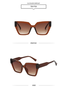 Detailansichten der übergroßen Polygon-Sonnenbrille mit Teeglas-Verlauf auf weißem Grund