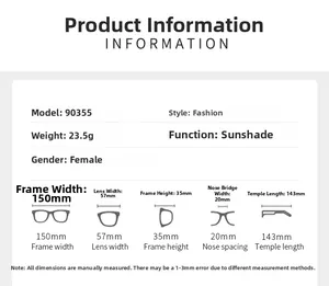 Detailed size chart for rimless oval rhinestone sunglasses showing all frame dimensions