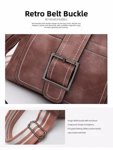 Detail of vintage brown tote with metal buckle and red-white striped woven strap