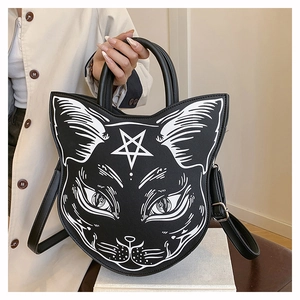 Gothic black cat face shaped handbag featuring white line art and pentagram star detail