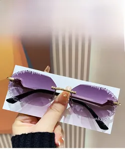 Close-up of purple gradient rimless sunglasses lens with gold metal leopard detail