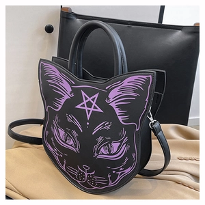 Detail of gothic black cat handbag featuring purple line art print and adjustable strap