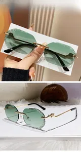 Detailed macro of rimless green lenses with sawtooth edges and golden leopard head hinges