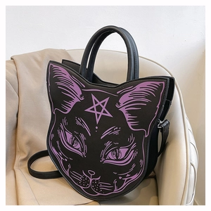 Gothic cat-shaped handbag featuring purple cat face print and minimalist PU leather texture