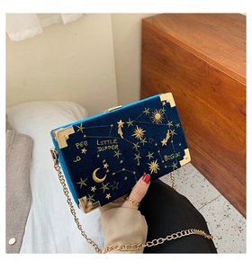 Détail du sac boîte en velours bleu avec broderie dorée, fermoir et bandoulière
