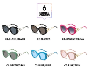 Detailed grid of oversized sunglasses in six colors with metallic chain temple accents