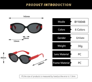 Detailed size specifications and material info for retro oval cat-eye sunglasses