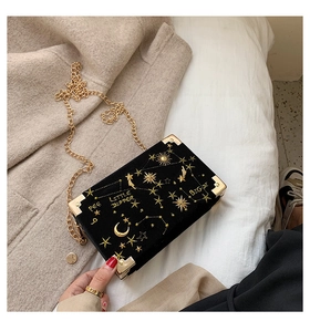 Détail du sac boîte en velours noir avec broderie céleste dorée et coins métalliques