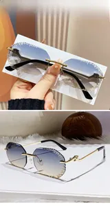 Detail of blue yellow gradient rimless sunglasses with leopard head metal gold hinge