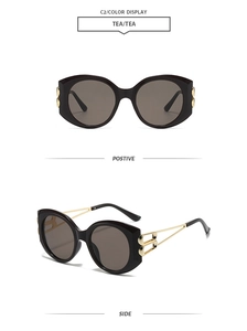 Detail of tea-colored oversized sunglasses with golden hollow metal temples showing front and side views
