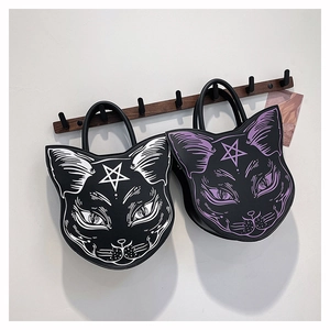 Gothic cat-shaped handbags with pentagram prints in black-white and black-purple colors