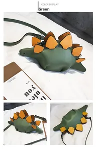Detail of green dinosaur crossbody bag with orange spines and metallic zipper